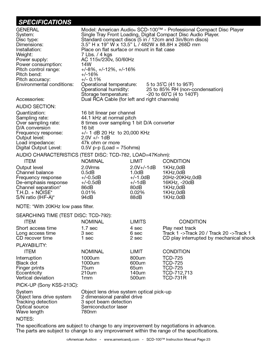 American Audio SCD-100 manual Specifications, General 