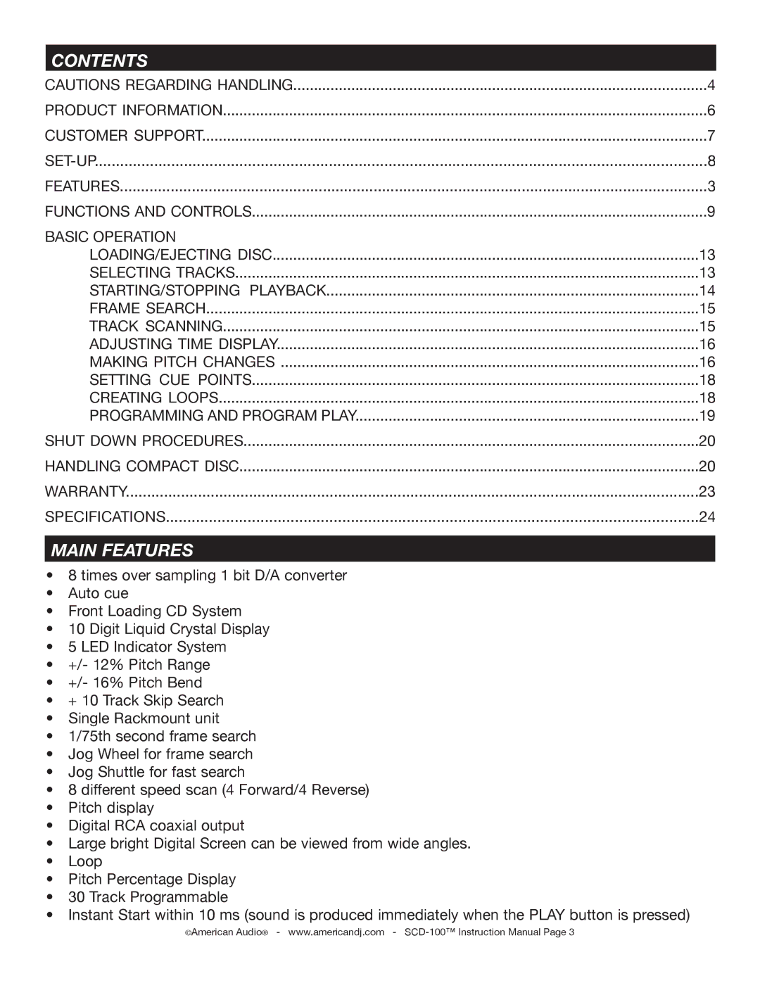 American Audio SCD-100 manual Contents, Main Features 