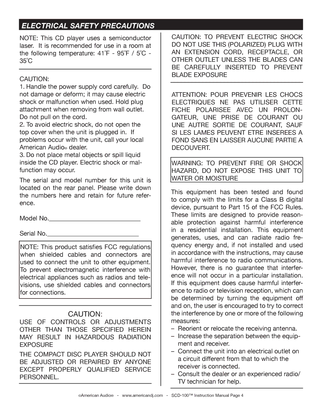 American Audio SCD-100 manual Electrical Safety Precautions 