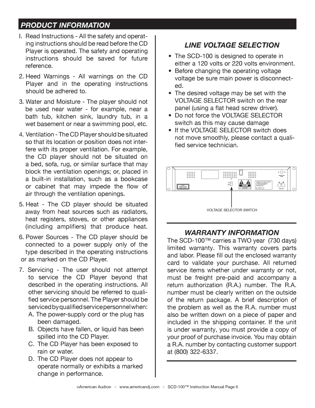 American Audio SCD-100 manual Product Information, Line Voltage Selection 