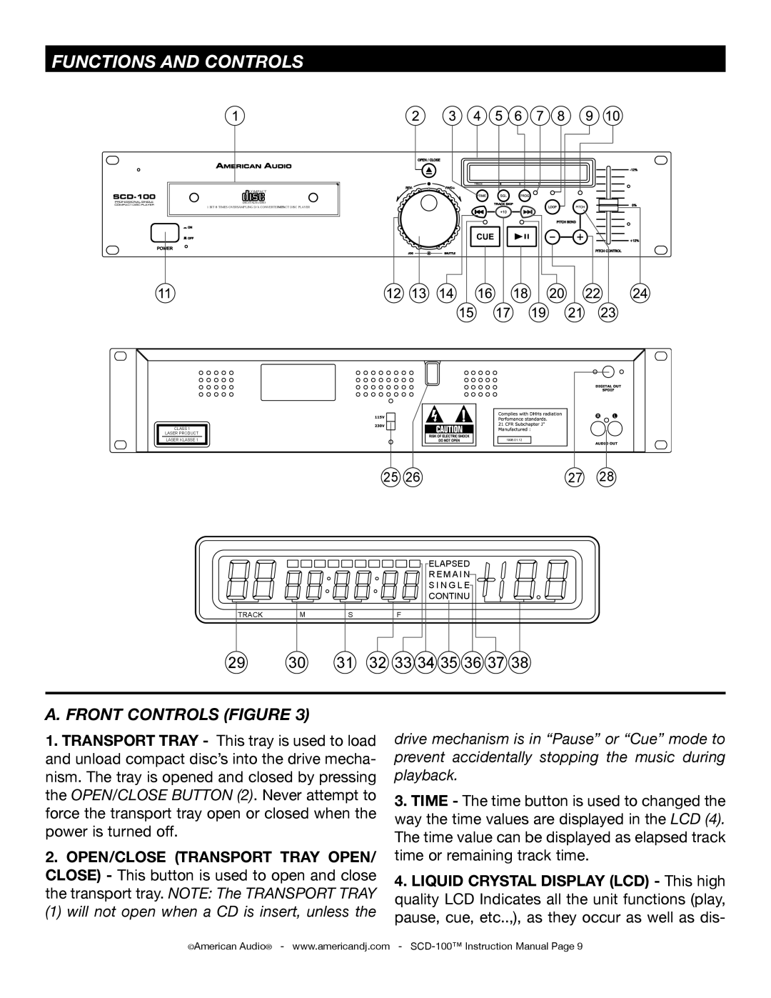 American Audio SCD-100 manual Functions and Controls, Front Controls Figure 