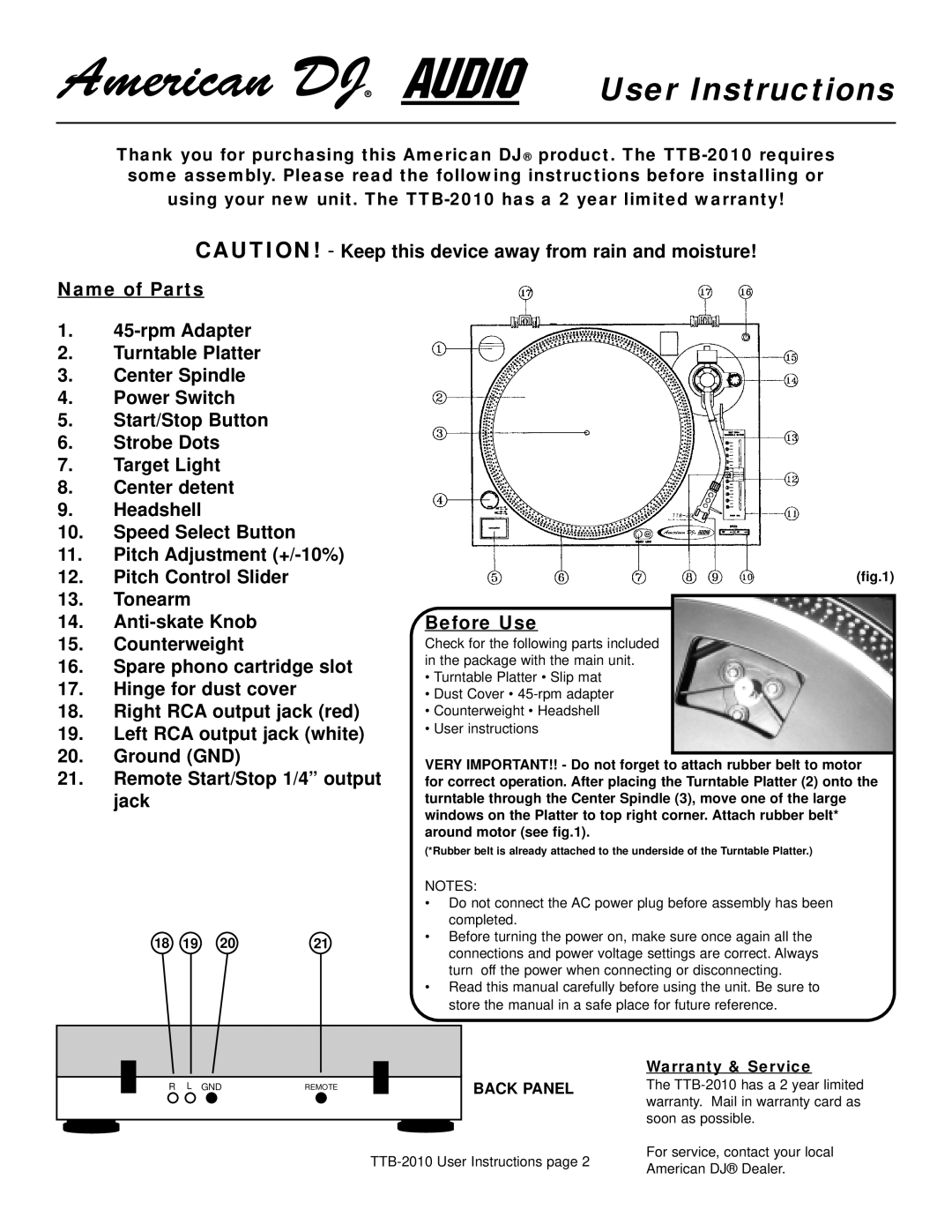 American Audio TTB-2010 manual User Instructions, Warranty & Service 