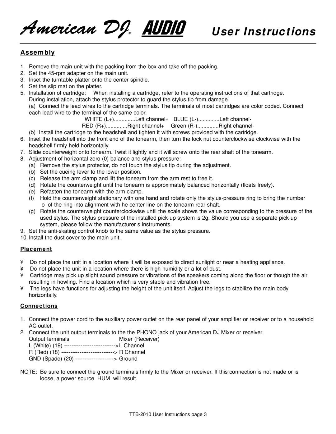 American Audio TTB-2010 manual Placement, Connections 