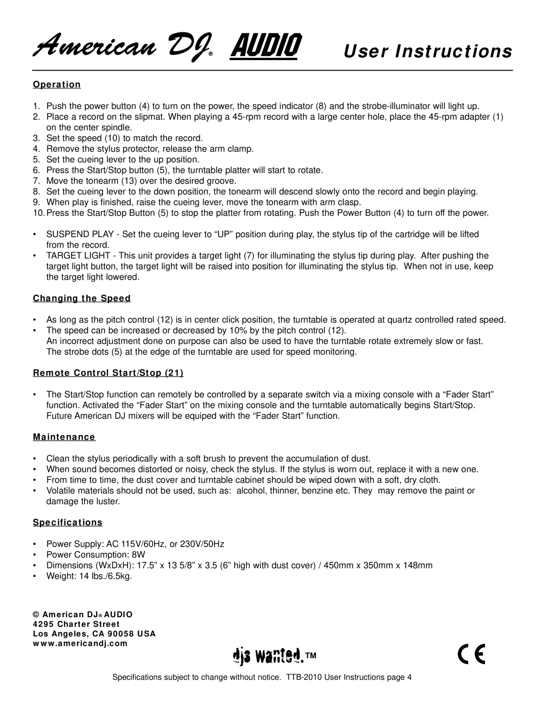 American Audio TTB-2010 manual Operation, Changing the Speed, Remote Control Start/Stop, Maintenance, Specifications 