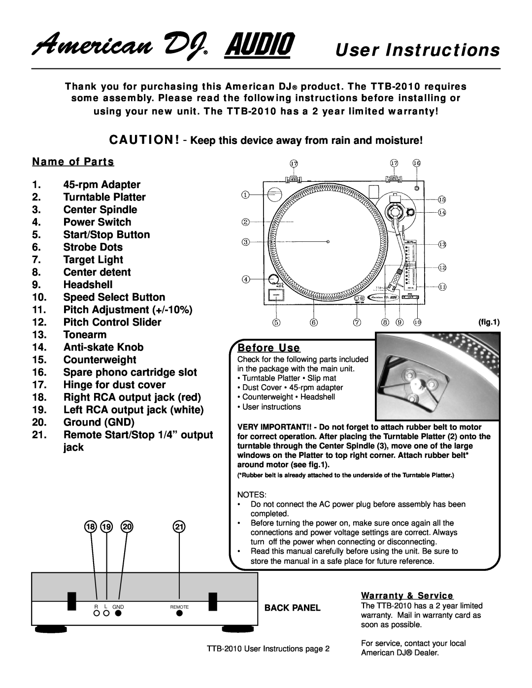 American Audio TTB-2010 manual User Instructions 