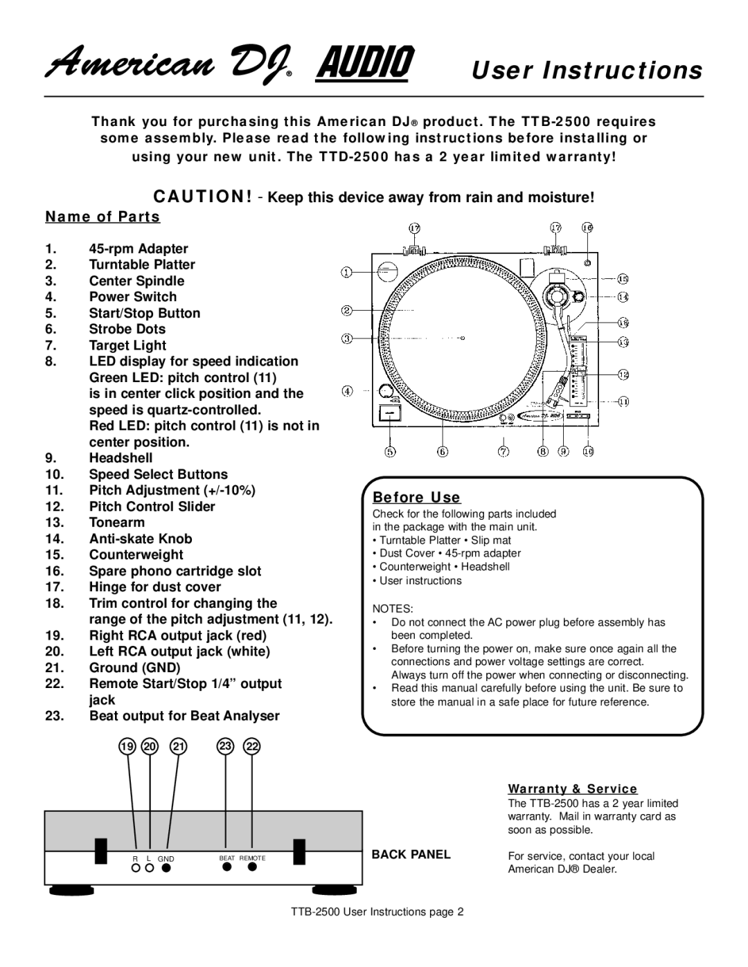 American Audio TTD-2500 manual Name of Parts, Before Use, Warranty & Service 