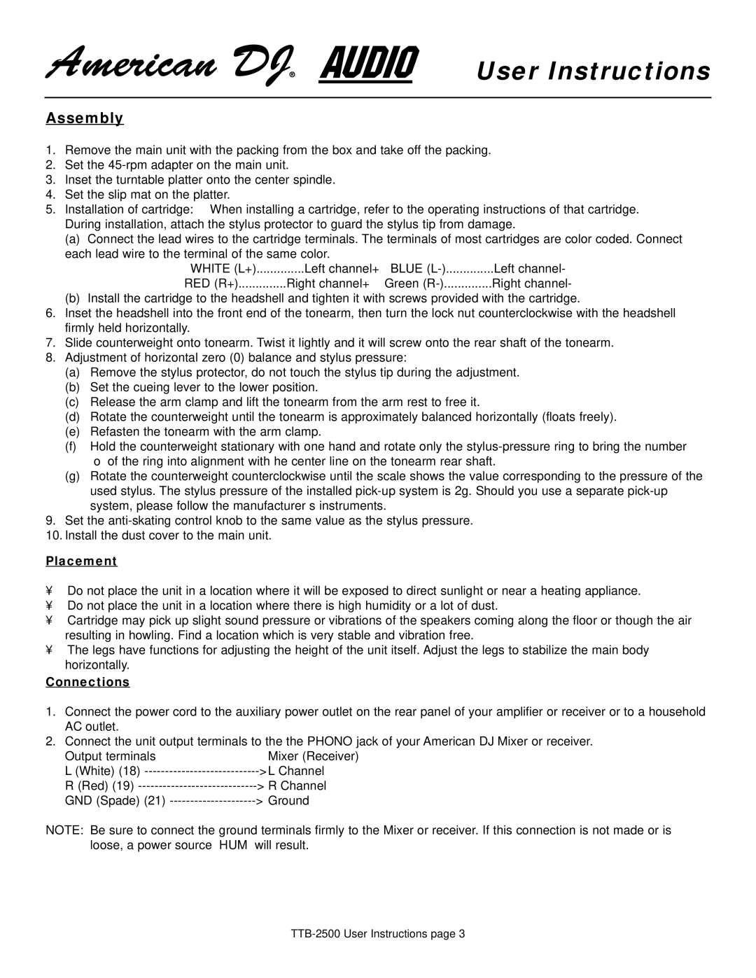 American Audio TTD-2500 manual Assembly, Placement, Connections 