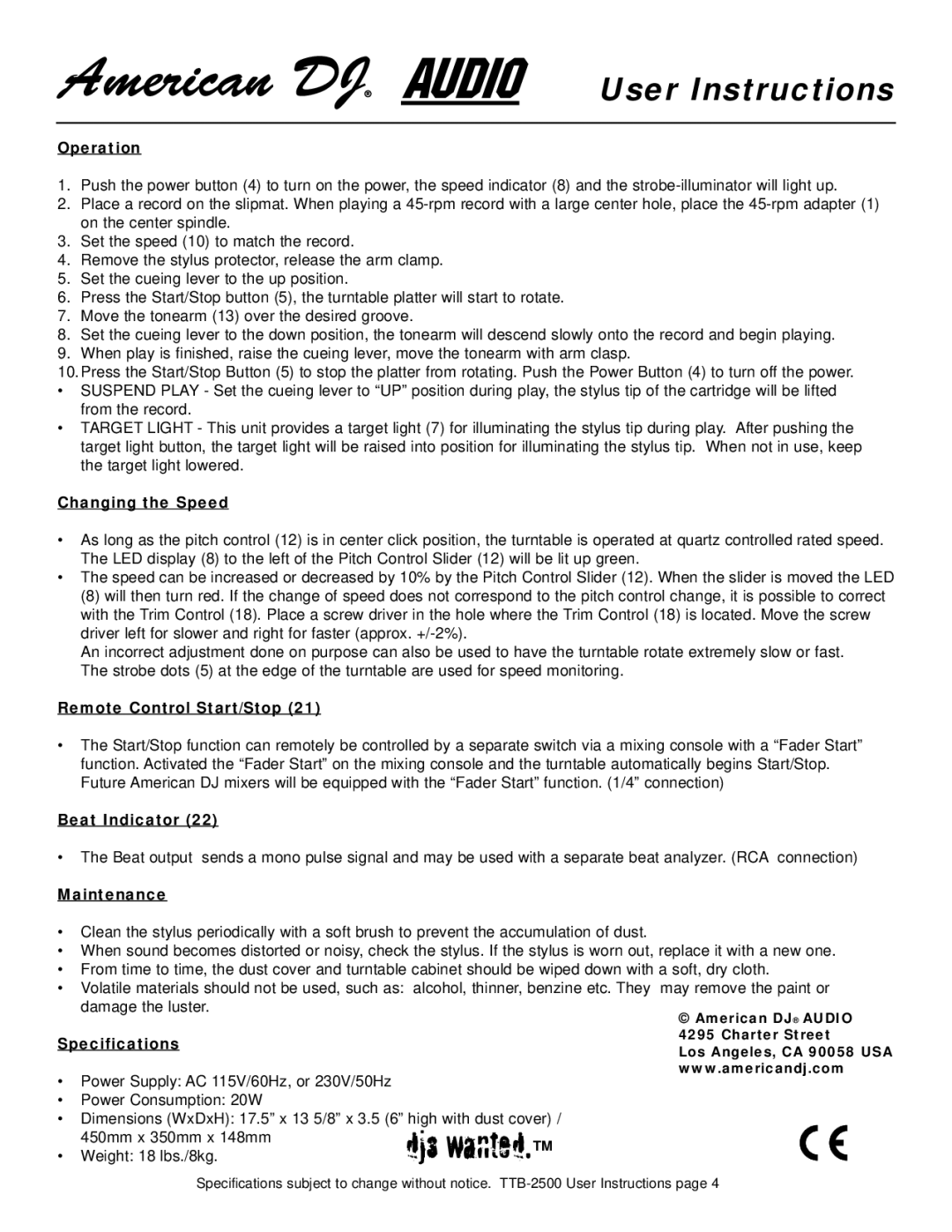 American Audio TTD-2500 manual Operation, Changing the Speed, Remote Control Start/Stop, Beat Indicator, Maintenance 