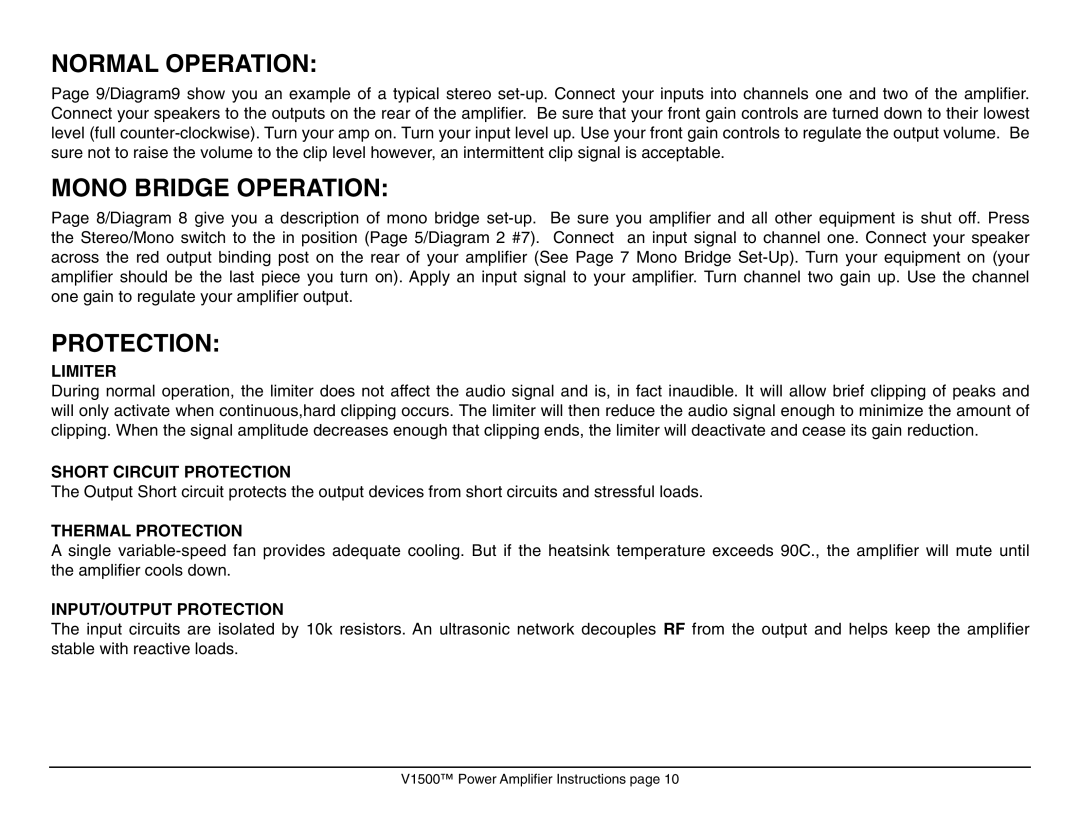 American Audio V1500 manual Normal Operation, Mono Bridge Operation, Protection 