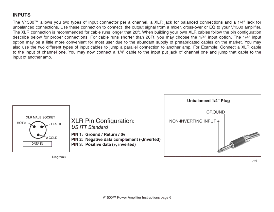 American Audio V1500 manual XLR Pin Configuration 