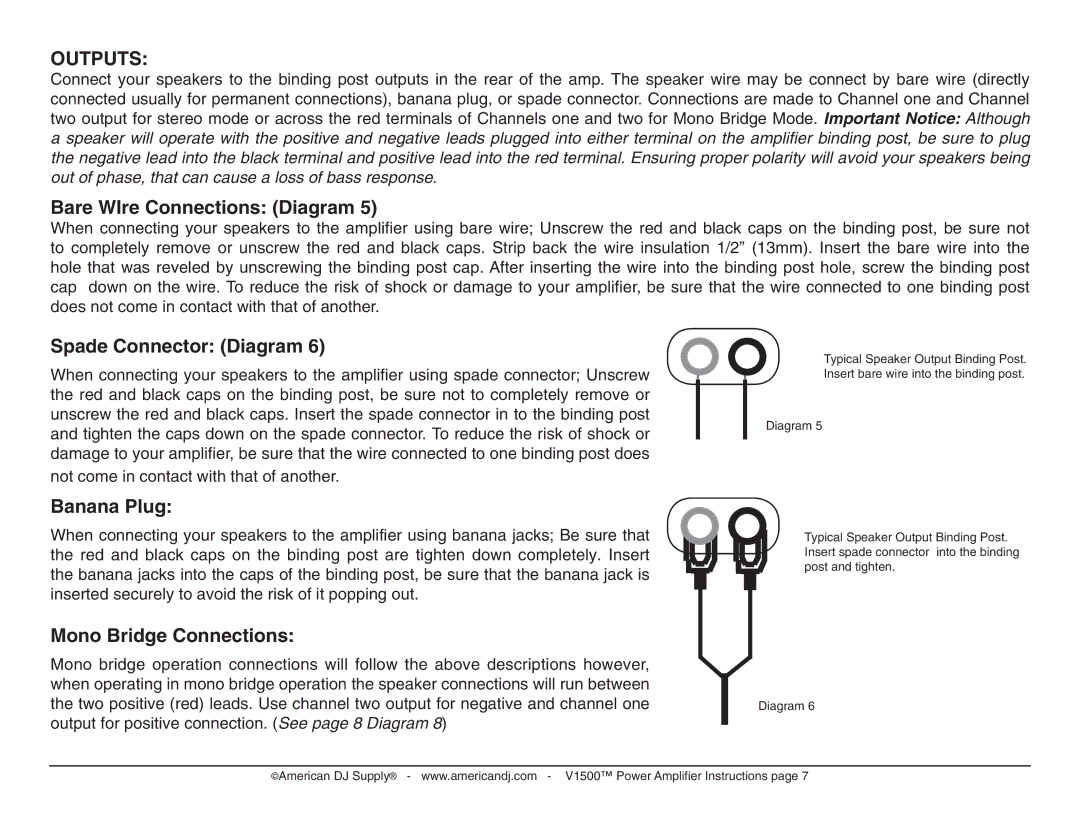 American Audio V1500 manual Outputs 