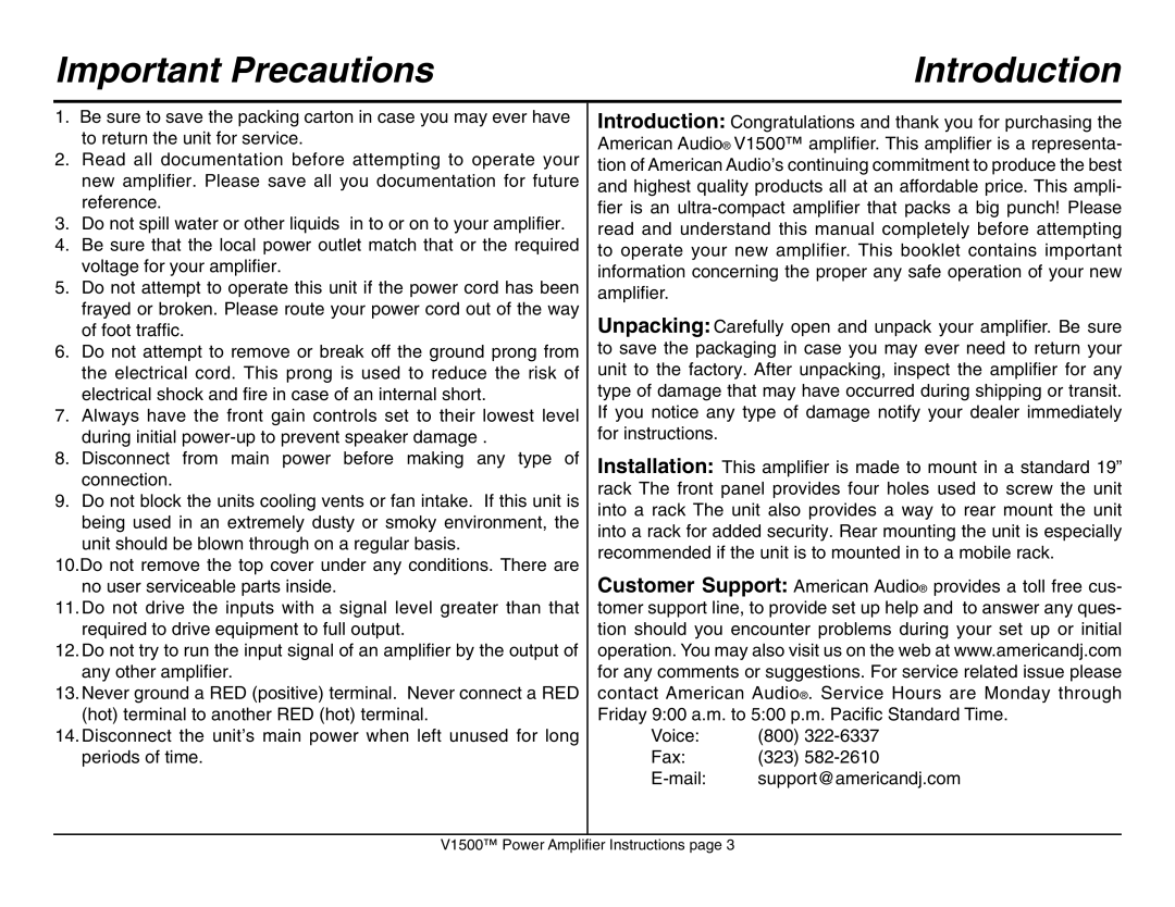 American Audio V1500 manual Important Precautions, Introduction 