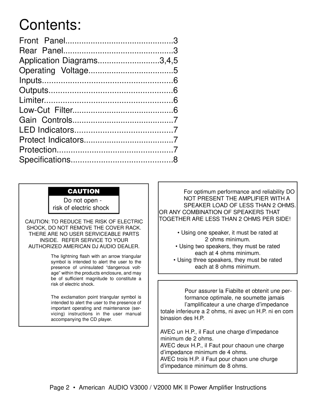 American Audio V3000/V2000 manual Contents 