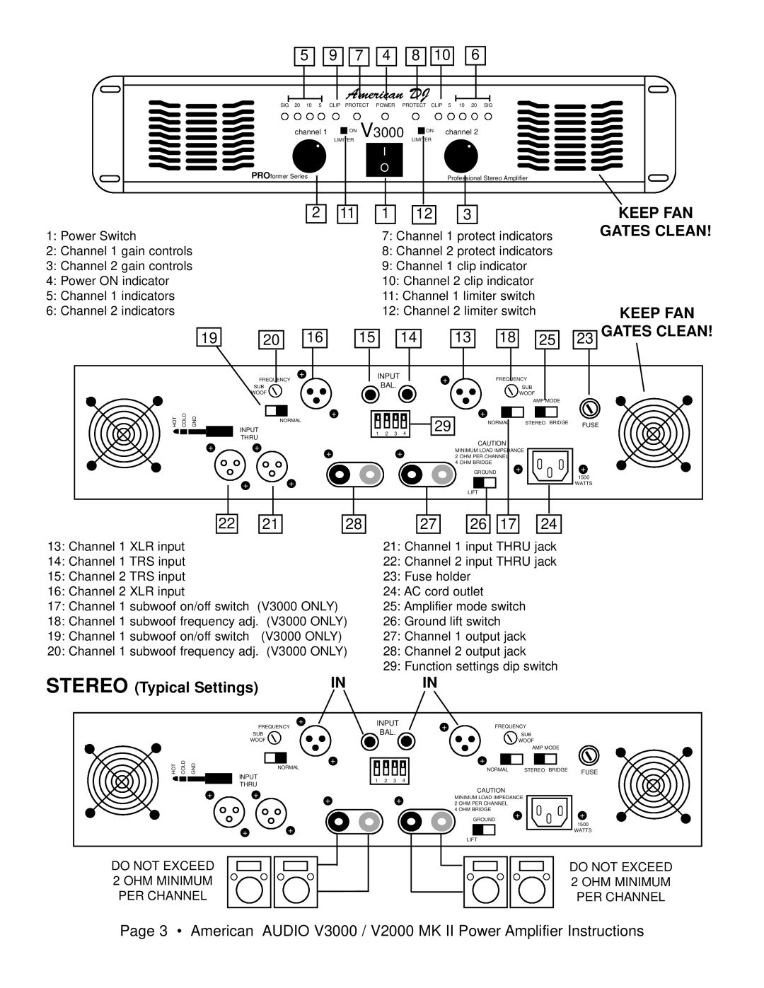 American Audio V3000/V2000 manual Keep FAN Gates Clean, Stereo Typical Settings, Inin 