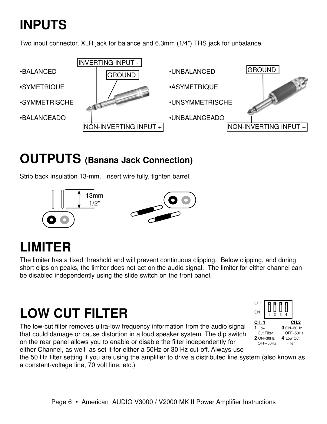 American Audio V3000/V2000 manual Inputs, Limiter, LOW CUT Filter 