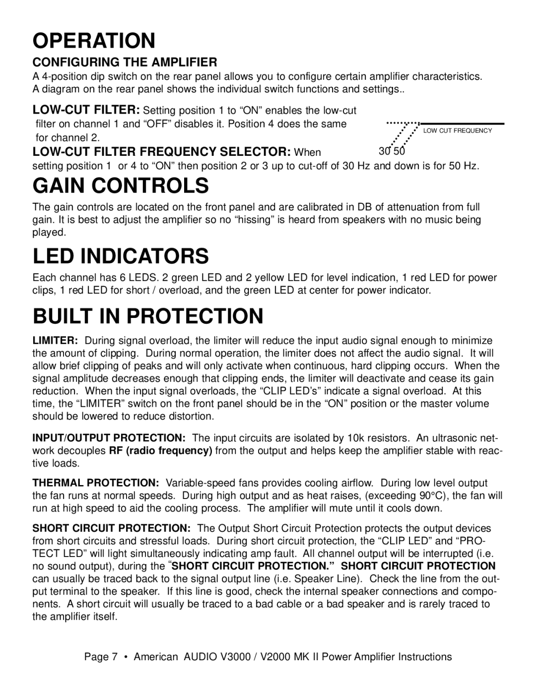 American Audio V3000/V2000 manual Operation, Gain Controls, LED Indicators, Built in Protection, Configuring the Amplifier 