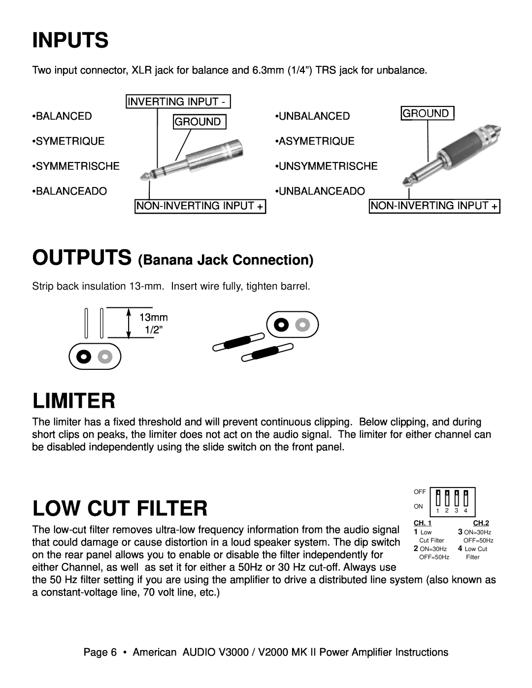 American Audio V3000/V2000 manual Inputs, Limiter, Low Cut Filter, OUTPUTS Banana Jack Connection 