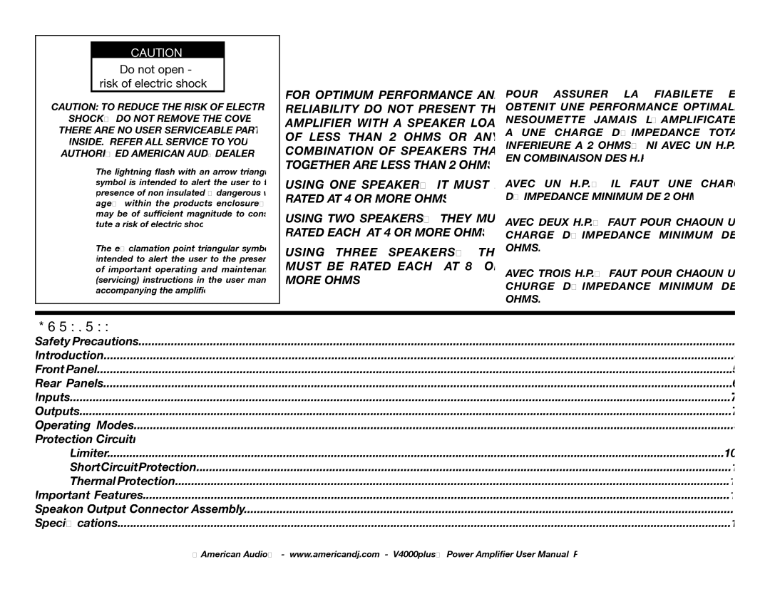 American Audio V4000 plus manual Contents 