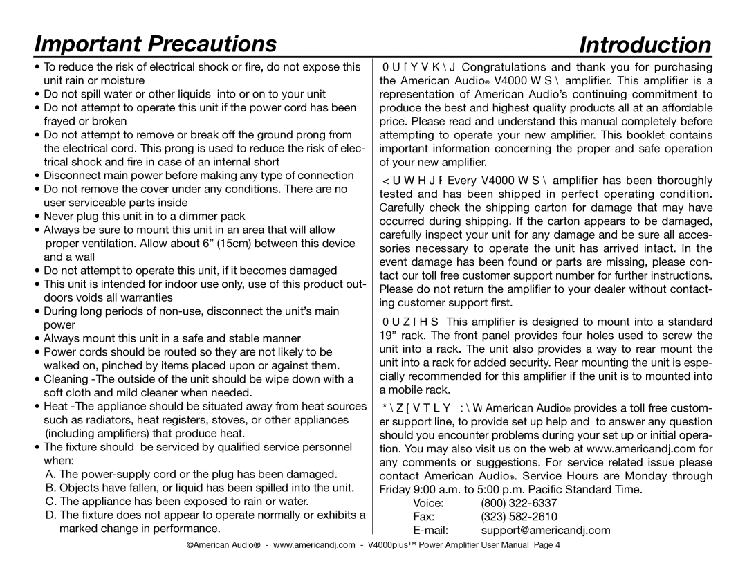 American Audio V4000 plus manual Important Precautions 