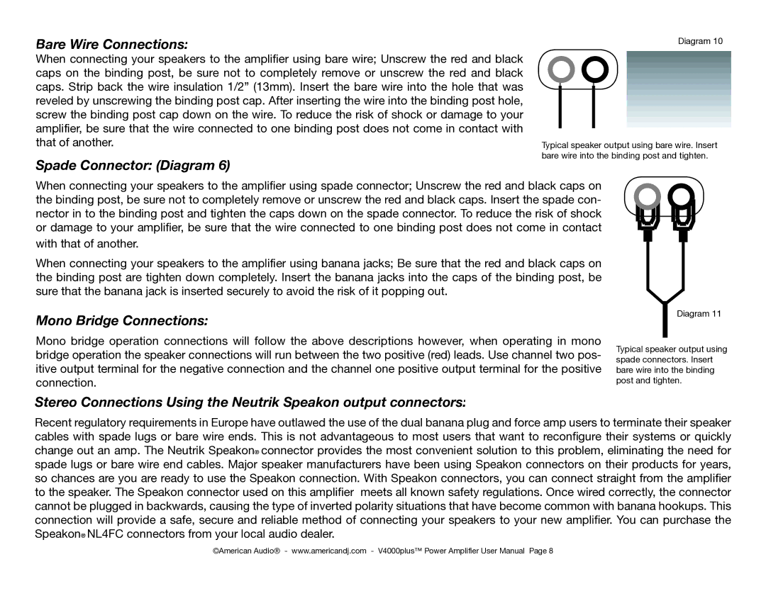 American Audio V4000 plus manual Bare Wire Connections 