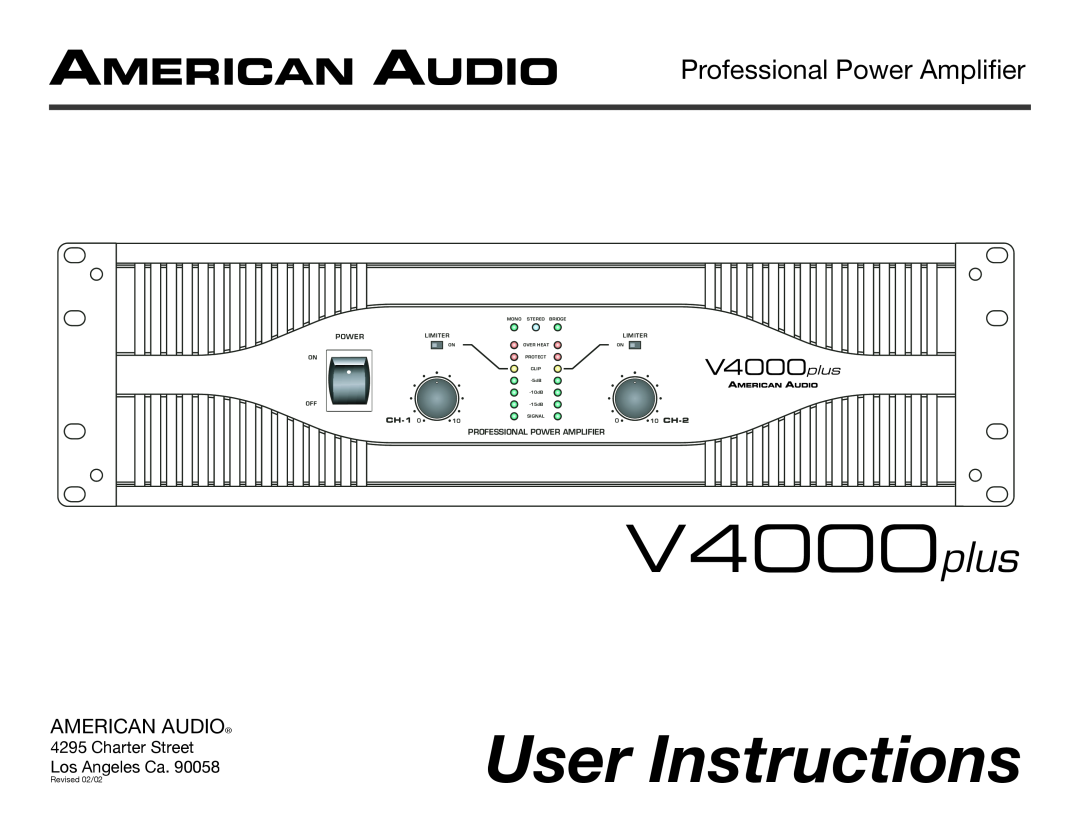 American Audio V4000 plus manual V4000plus, User Instructions, Professional Power Amplifi er, American Audio, Limiter 