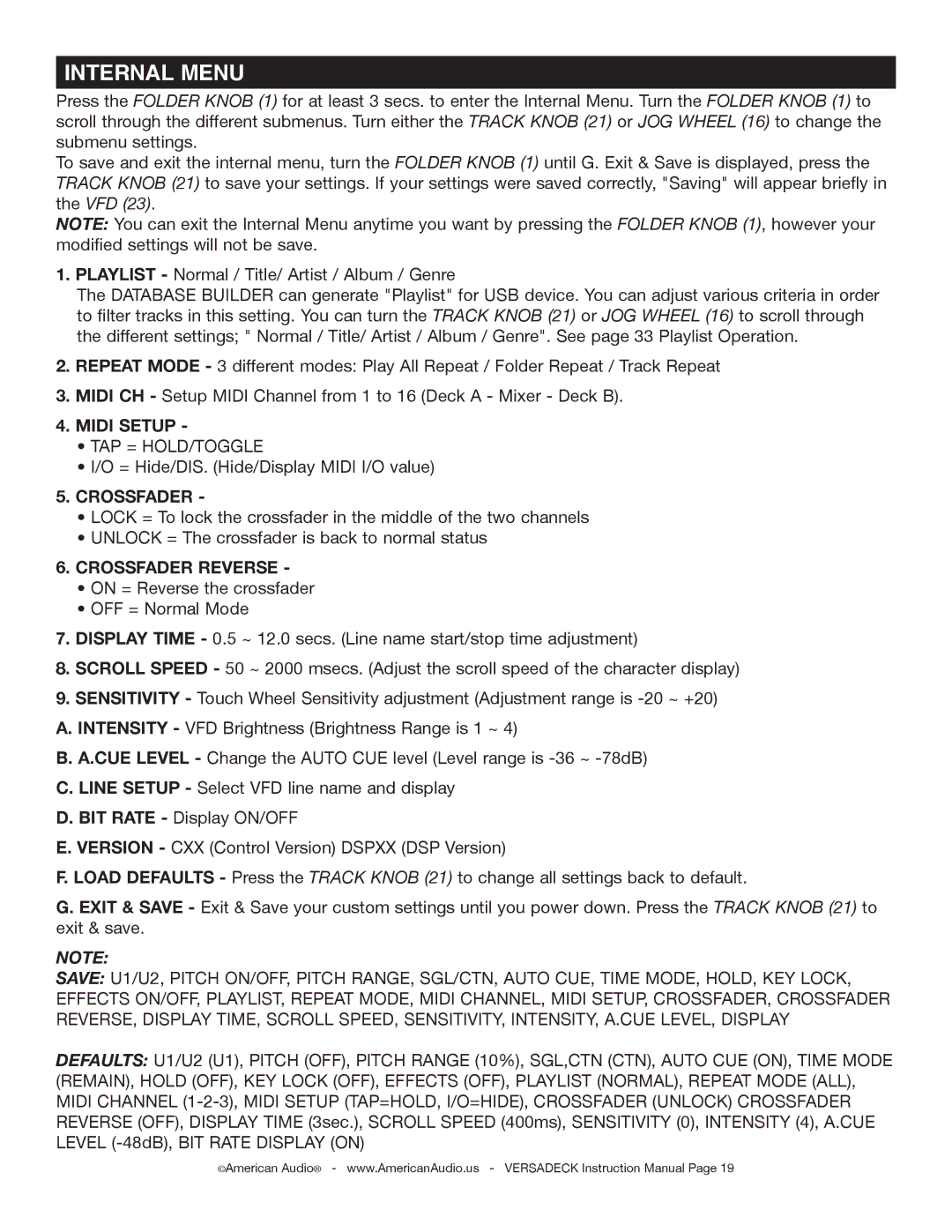 American Audio Versadeck manual Internal Menu, Crossfader 