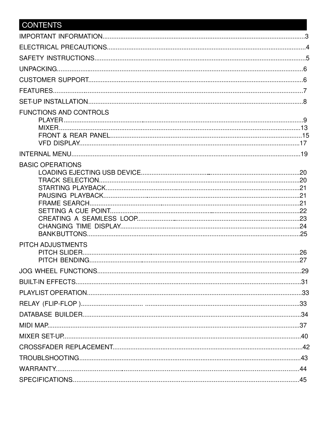 American Audio Versadeck manual Contents 