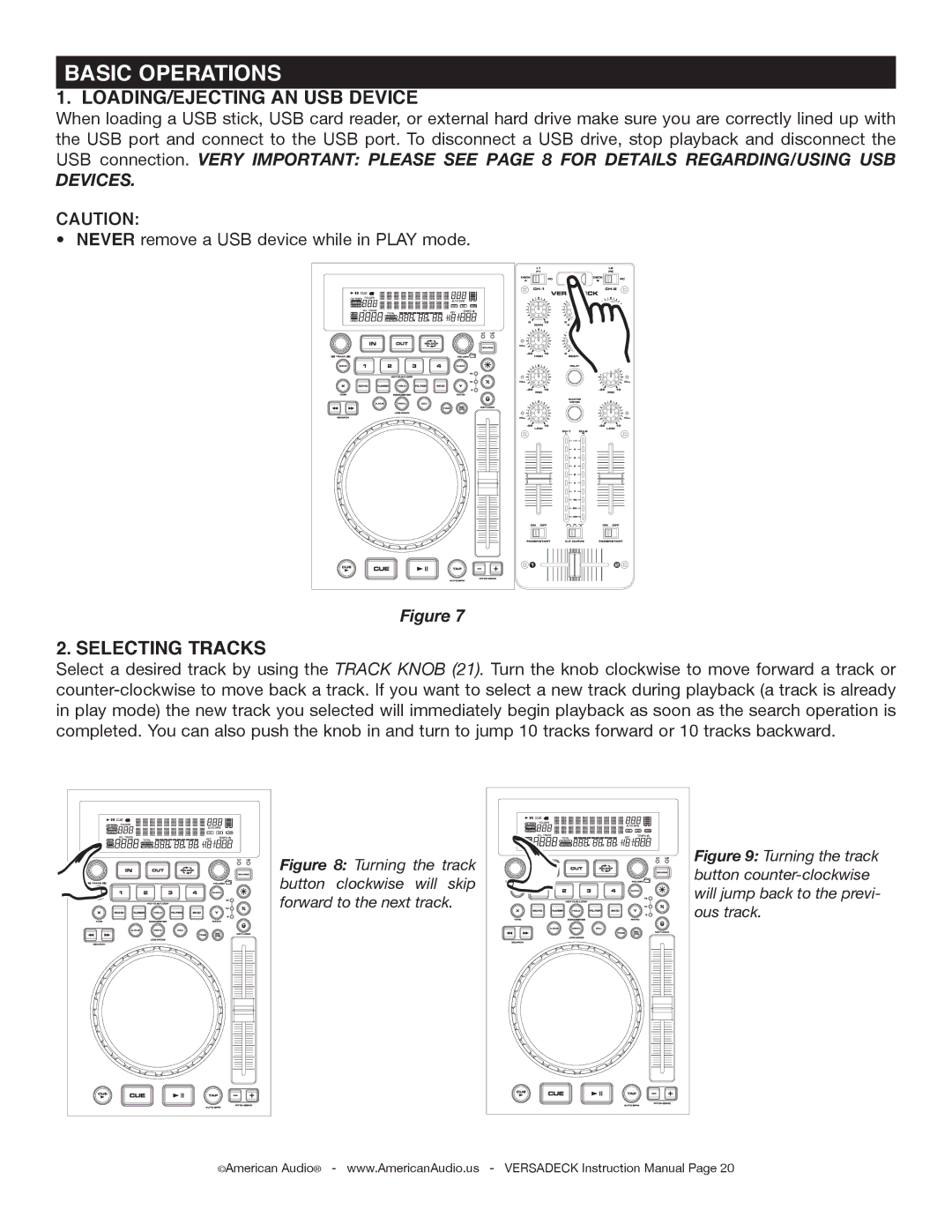 American Audio Versadeck manual Basic Operations, LOADING/EJECTING AN USB Device, Selecting Tracks 