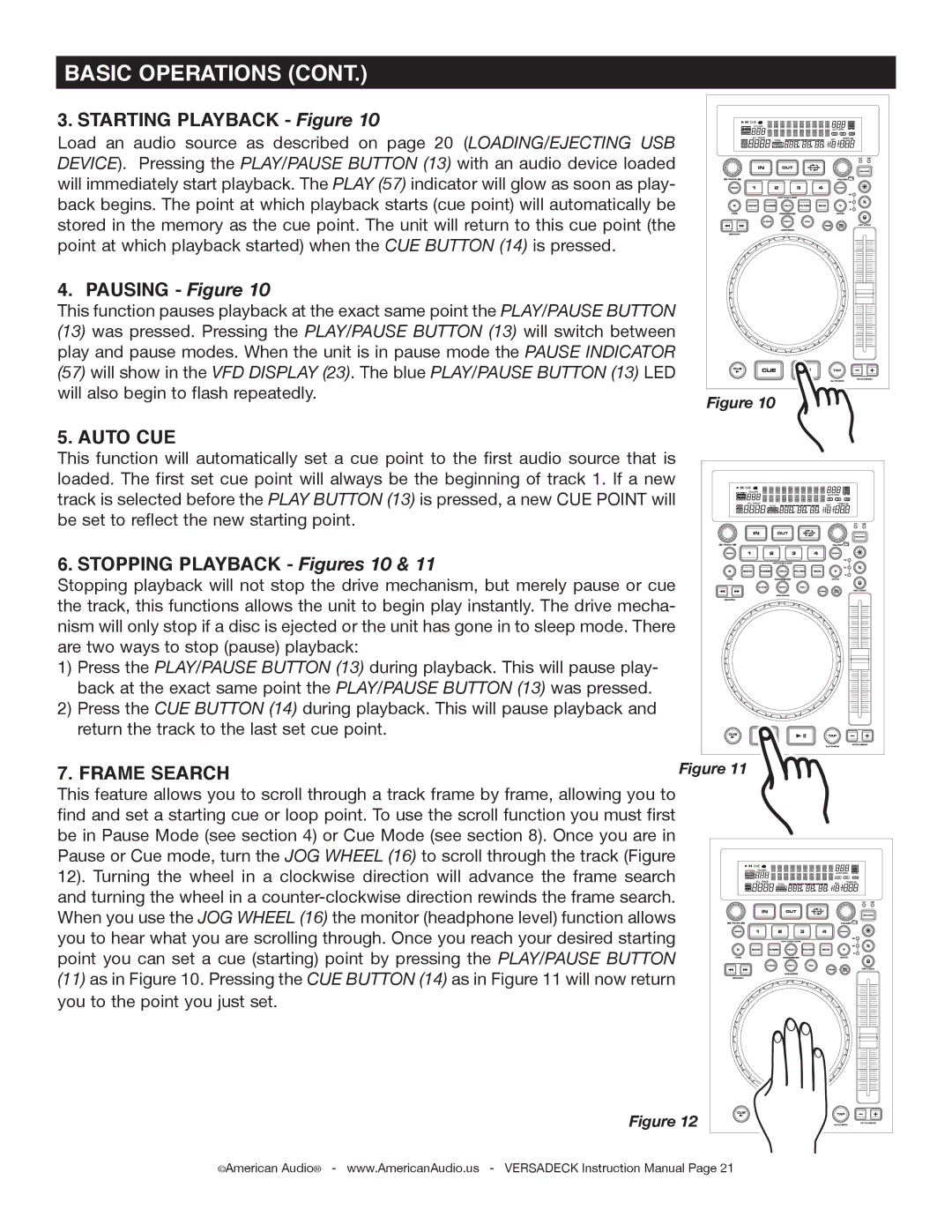 American Audio Versadeck Starting Playback Figure, Pausing Figure, Auto CUE, Stopping Playback Figures 10, Frame Search 