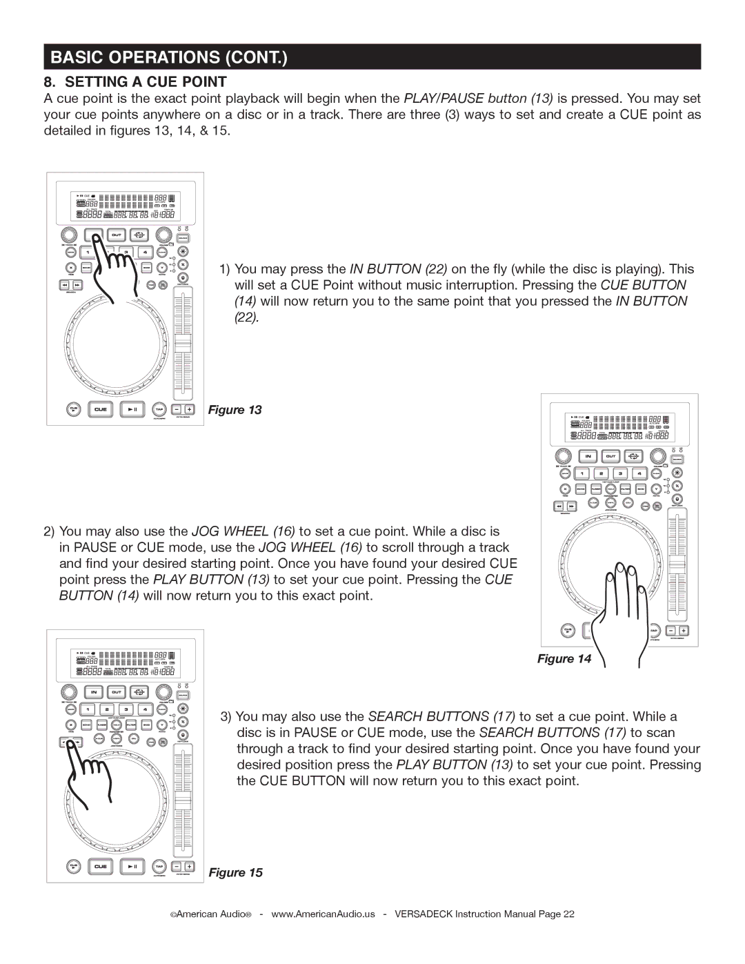 American Audio Versadeck manual Setting a CUE Point 