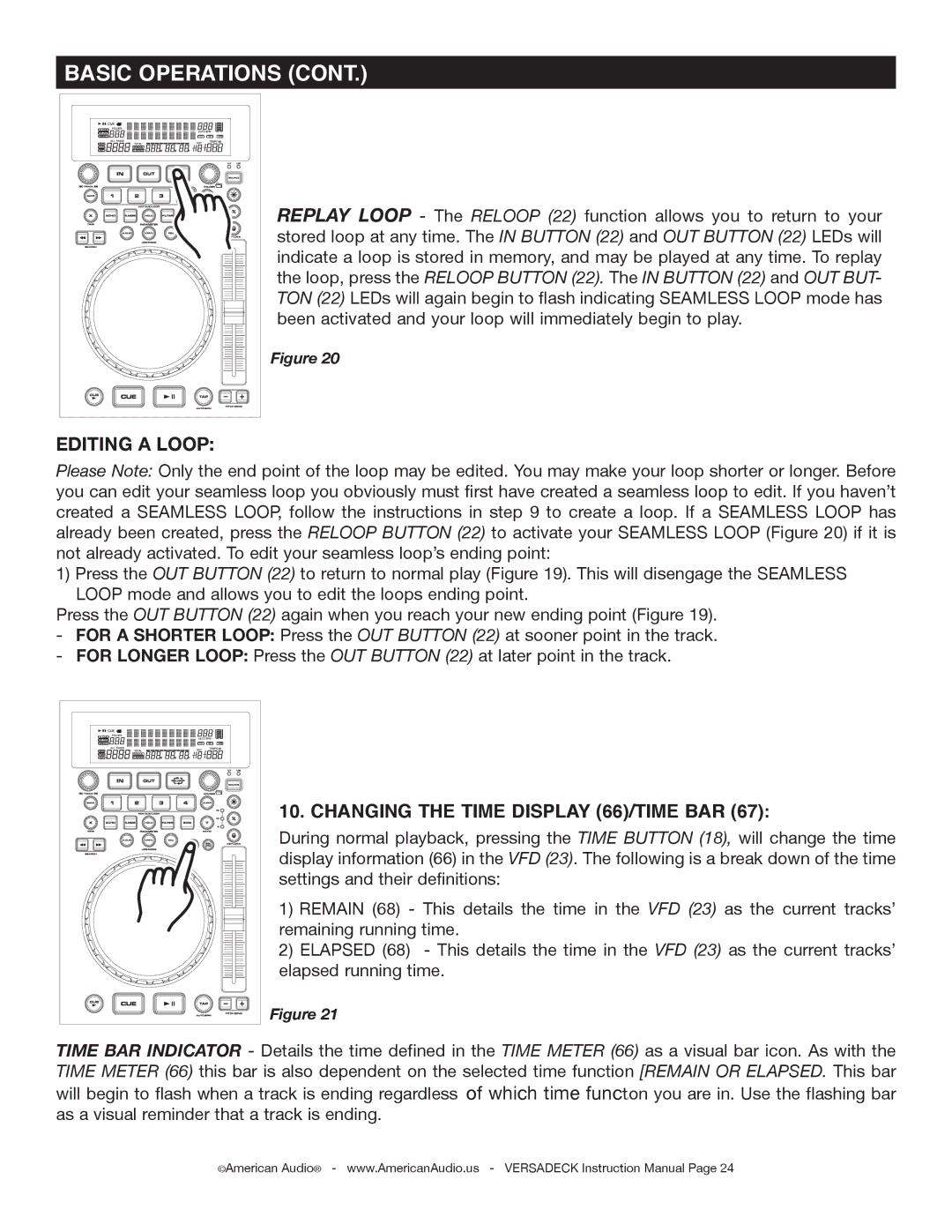 American Audio Versadeck manual Editing a Loop, Changing the Time Display 66/TIME BAR 