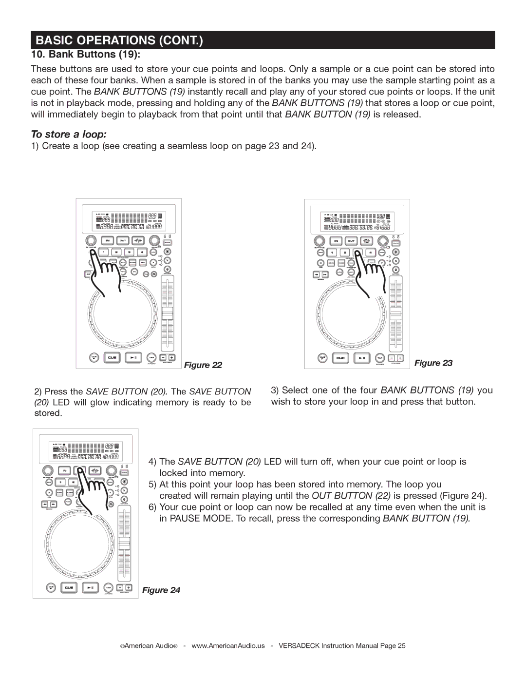 American Audio Versadeck manual Bank Buttons, To store a loop 