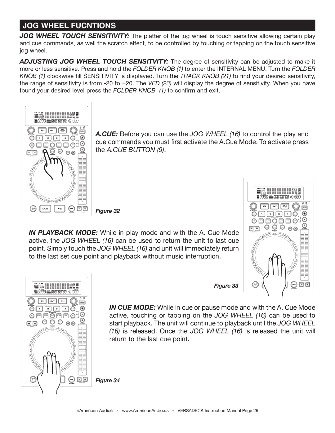 American Audio Versadeck manual JOG Wheel Fucntions 