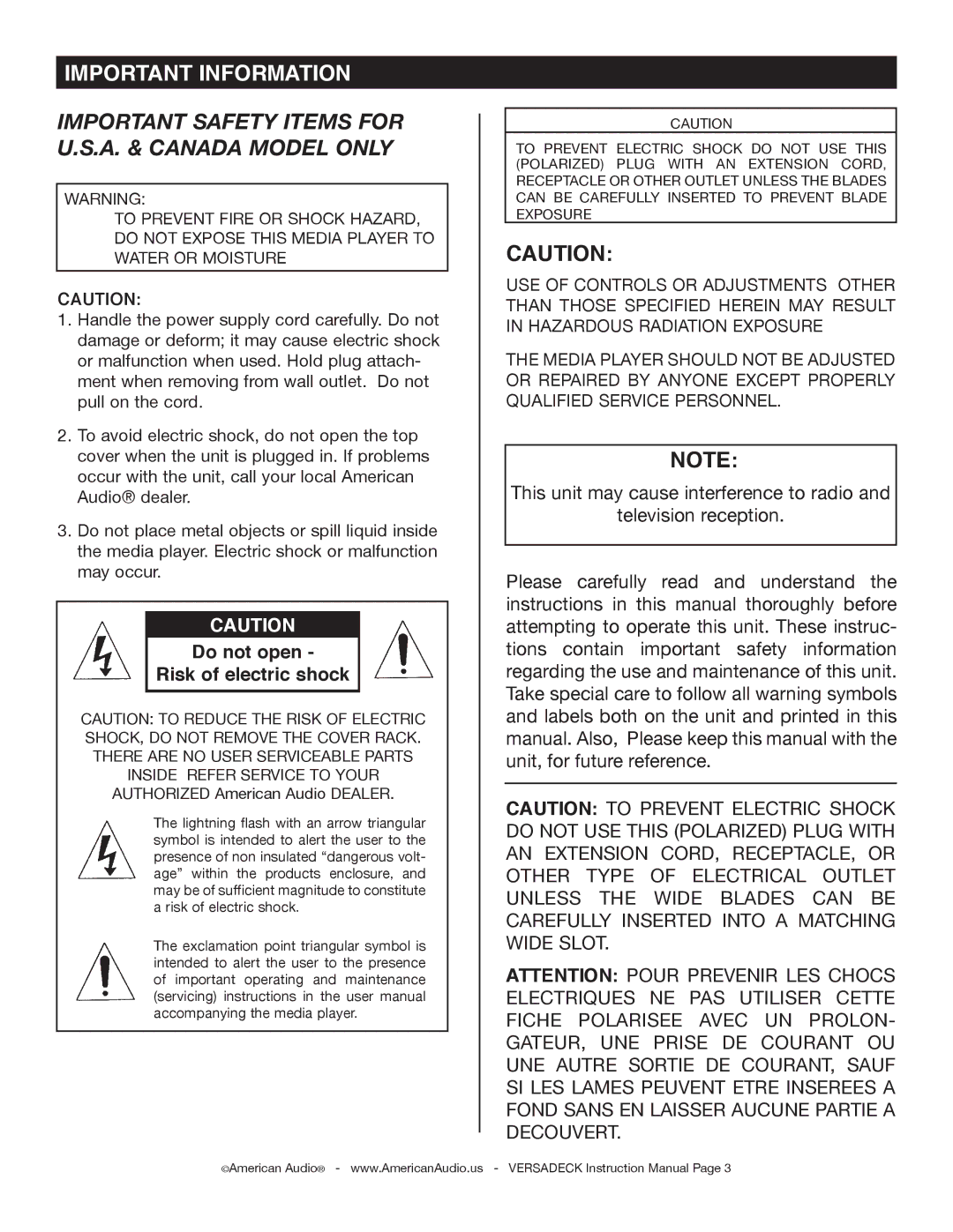 American Audio Versadeck manual Important Information, Do not open Risk of electric shock 