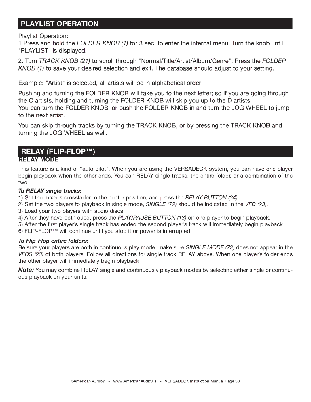 American Audio Versadeck manual Playlist Operation, Relay FLIP-FLOP, Relay Mode 