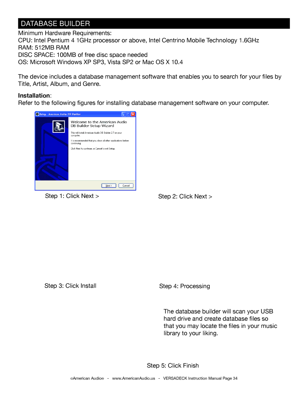 American Audio Versadeck manual Database Builder, RAM 512MB RAM 