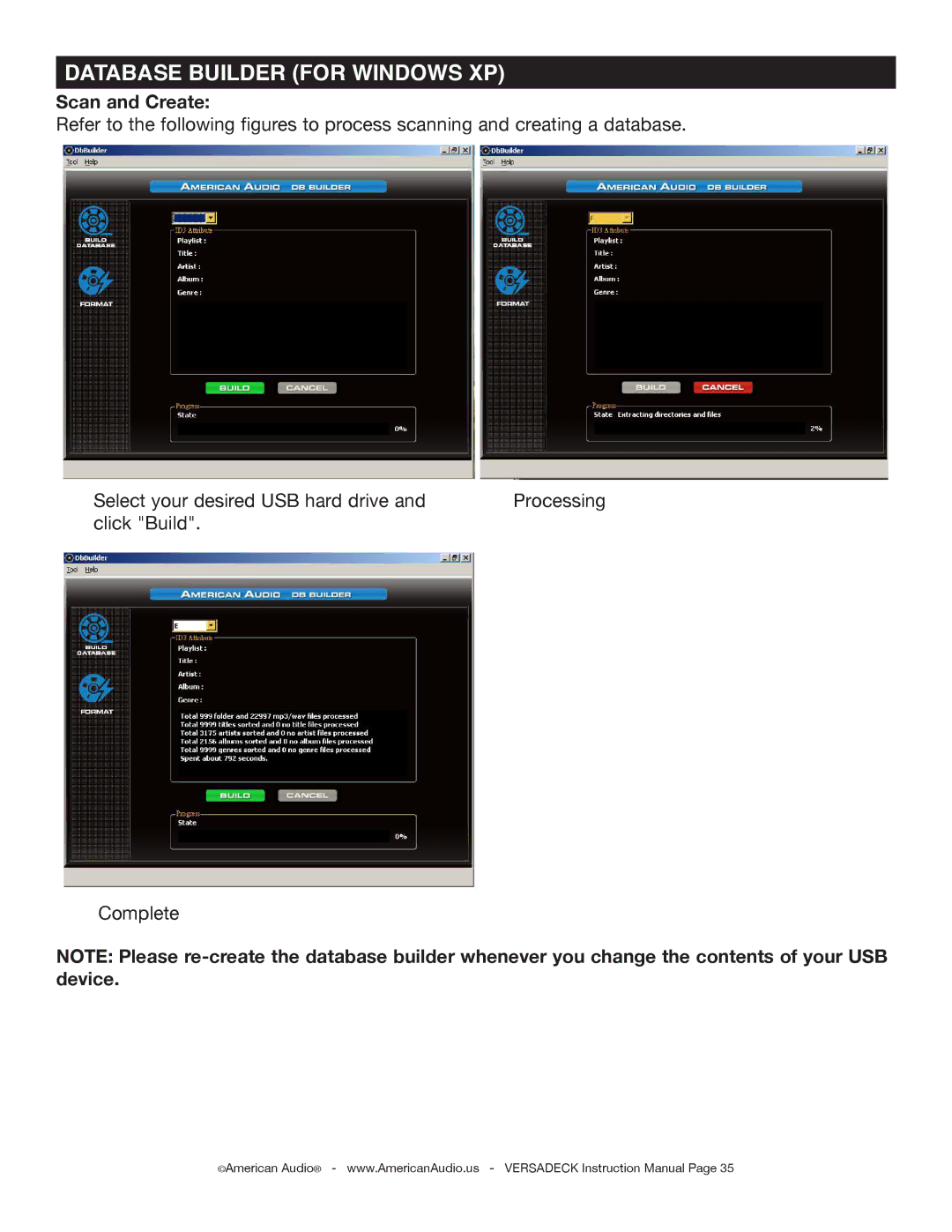 American Audio Versadeck manual Database Builder for Windows XP, Scan and Create 