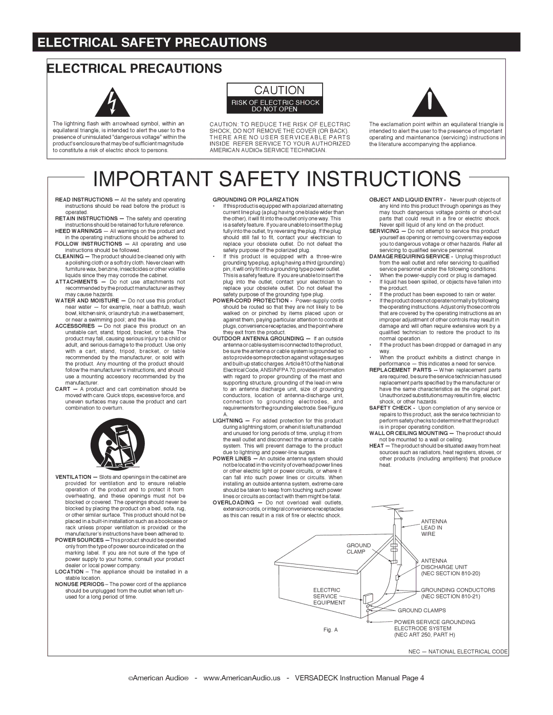 American Audio Versadeck manual Electrical Safety Precautions, Electrical Precautions 