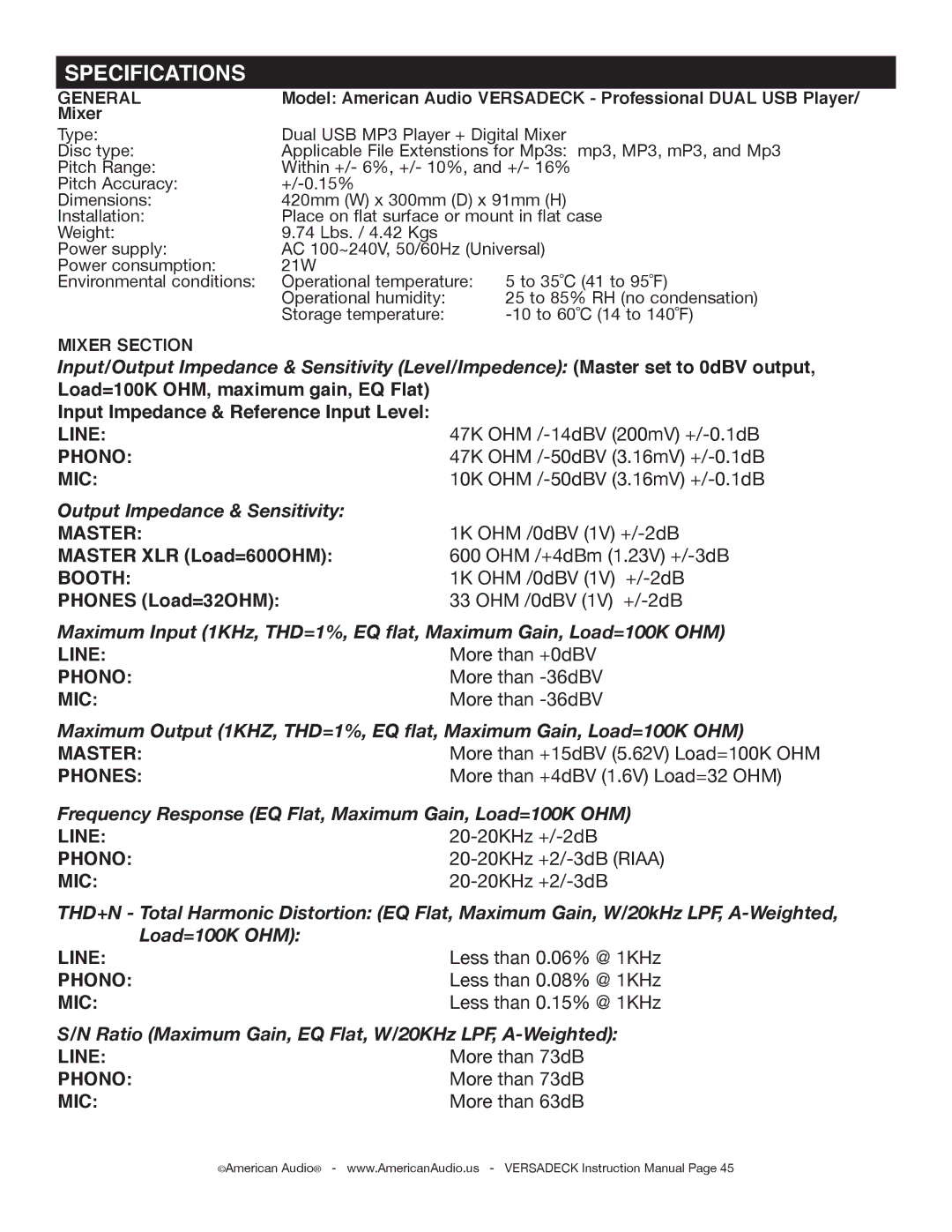 American Audio Versadeck manual Specifications 