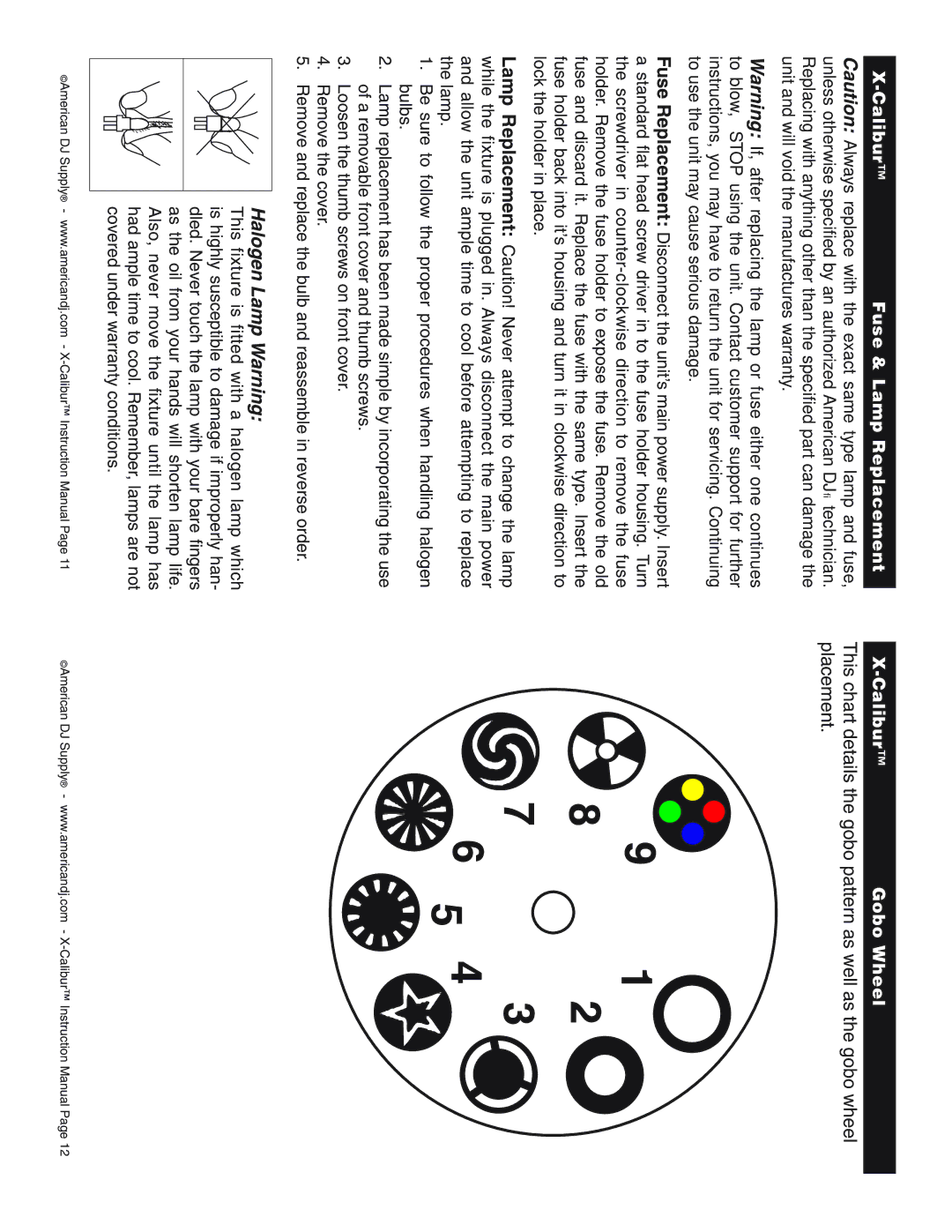 American Audio X-CALIBUR user service Halogen Lamp Warning, Calibur Gobo Wheel 