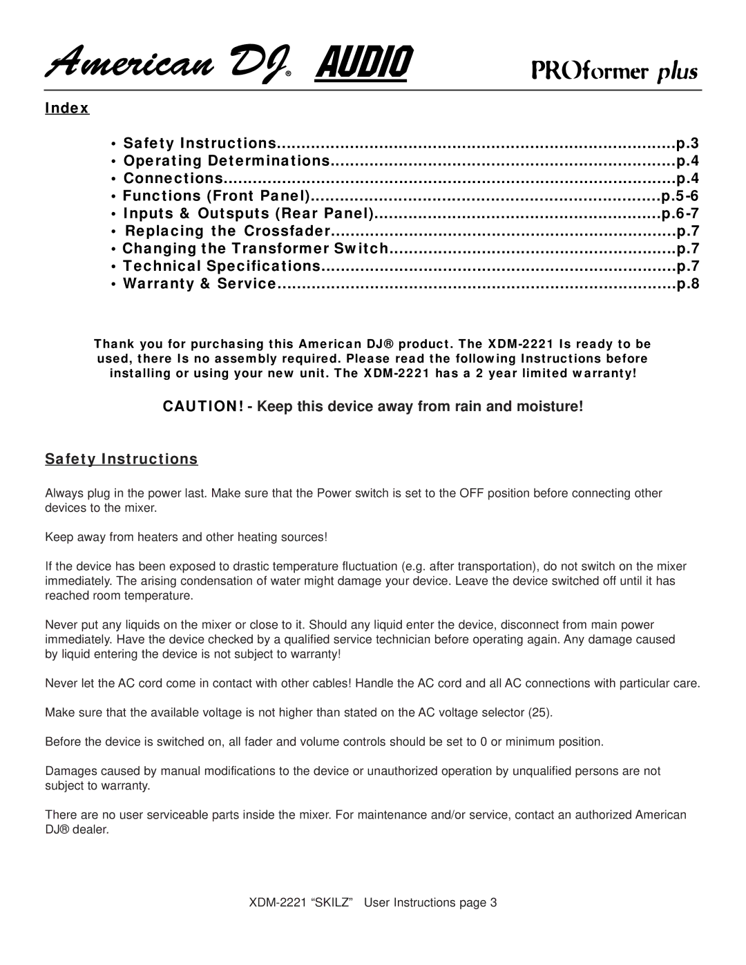 American Audio XDM-2221 manual Safety Instructions 