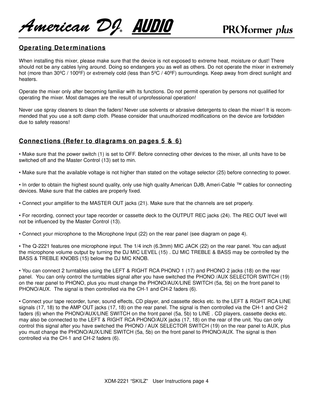 American Audio XDM-2221 manual Connections Refer to dIagrams on pages 5 