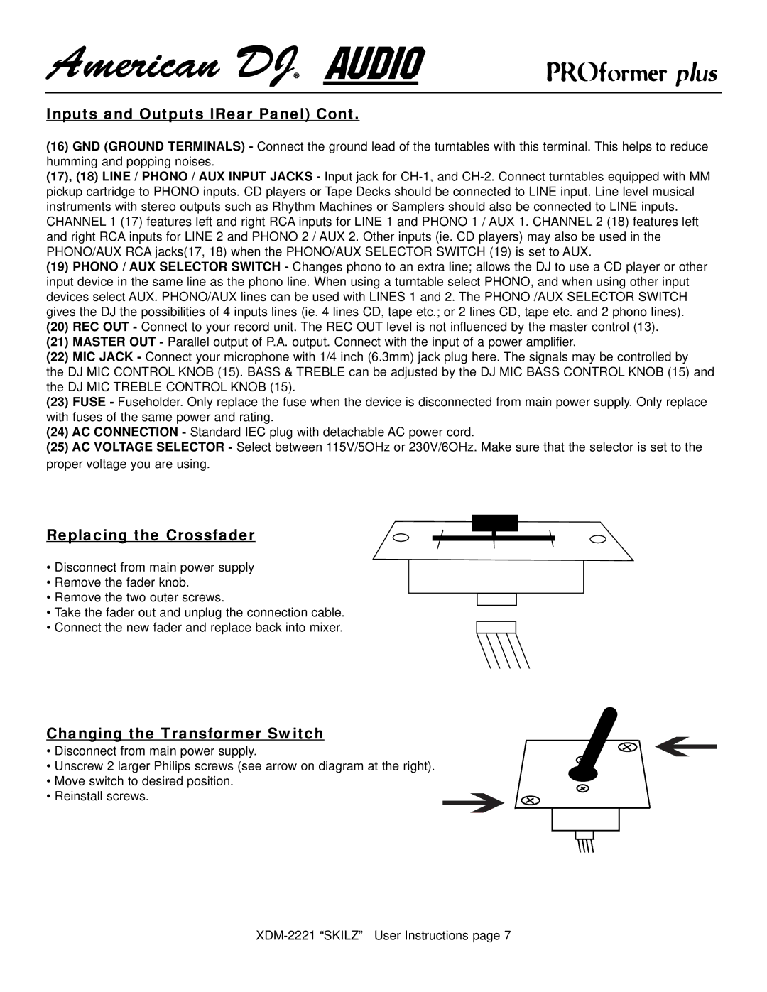 American Audio XDM-2221 manual Inputs and Outputs lRear Panel, Replacing the Crossfader 