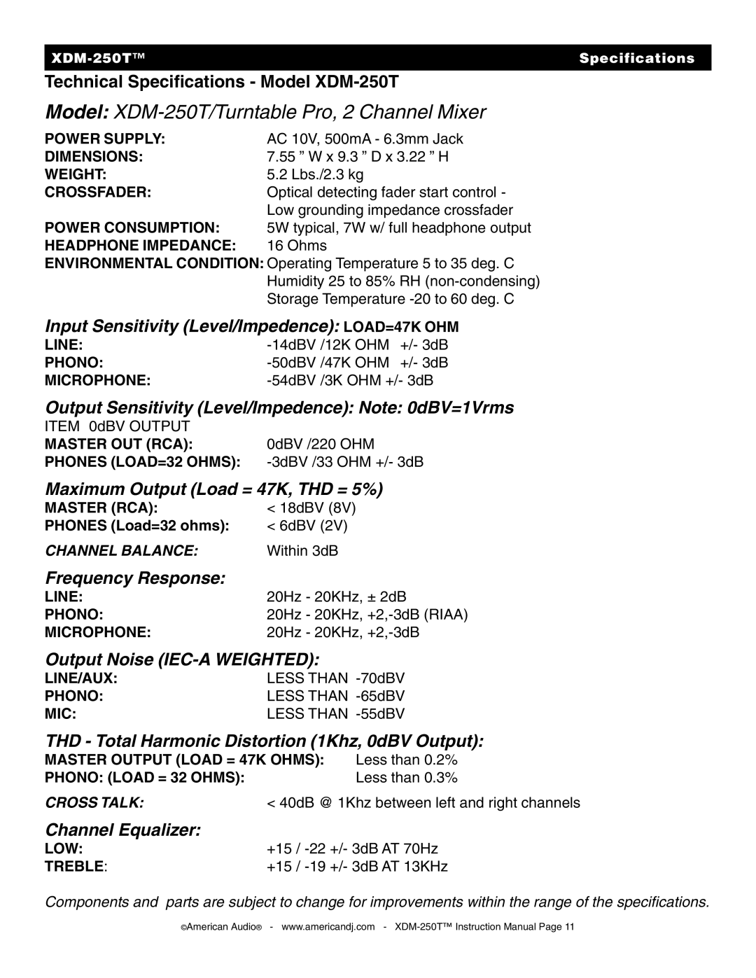 American Audio XDM-250TTM manual 18dBV, Phones Load=32 ohms 6dBV, Within 3dB, Master Output Load = 47K Ohms Less than 0.2% 