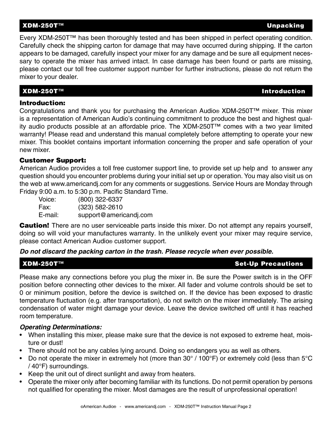 American Audio XDM-250TTM manual Introduction, Customer Support 