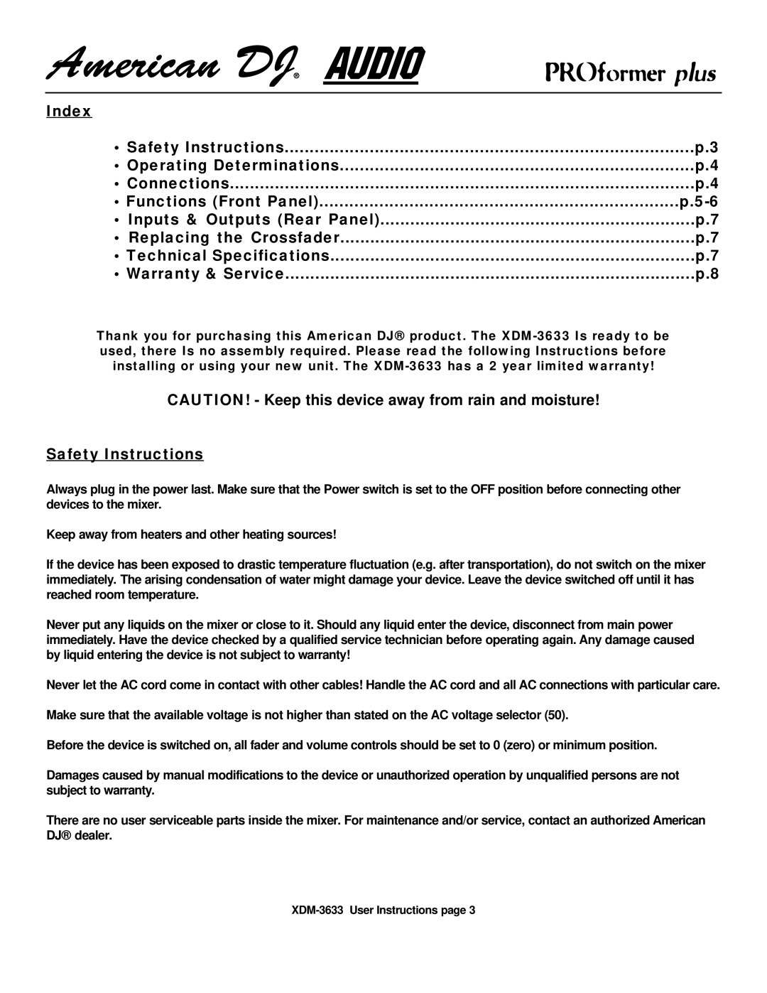 American Audio manual XDM-3633 User Instructions 