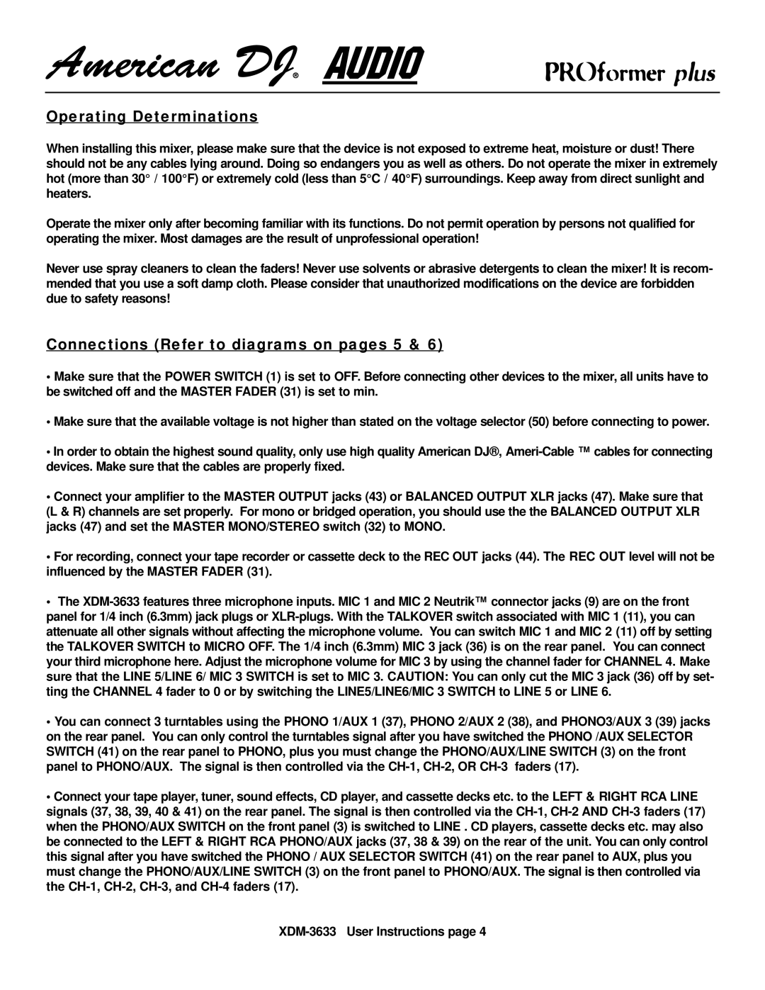 American Audio XDM-3633 manual Connections Refer to diagrams on pages 5 