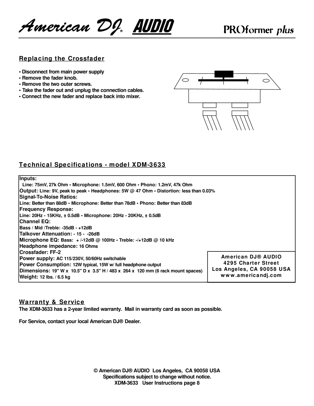 American Audio manual Technical Specifications model XDM-3633 