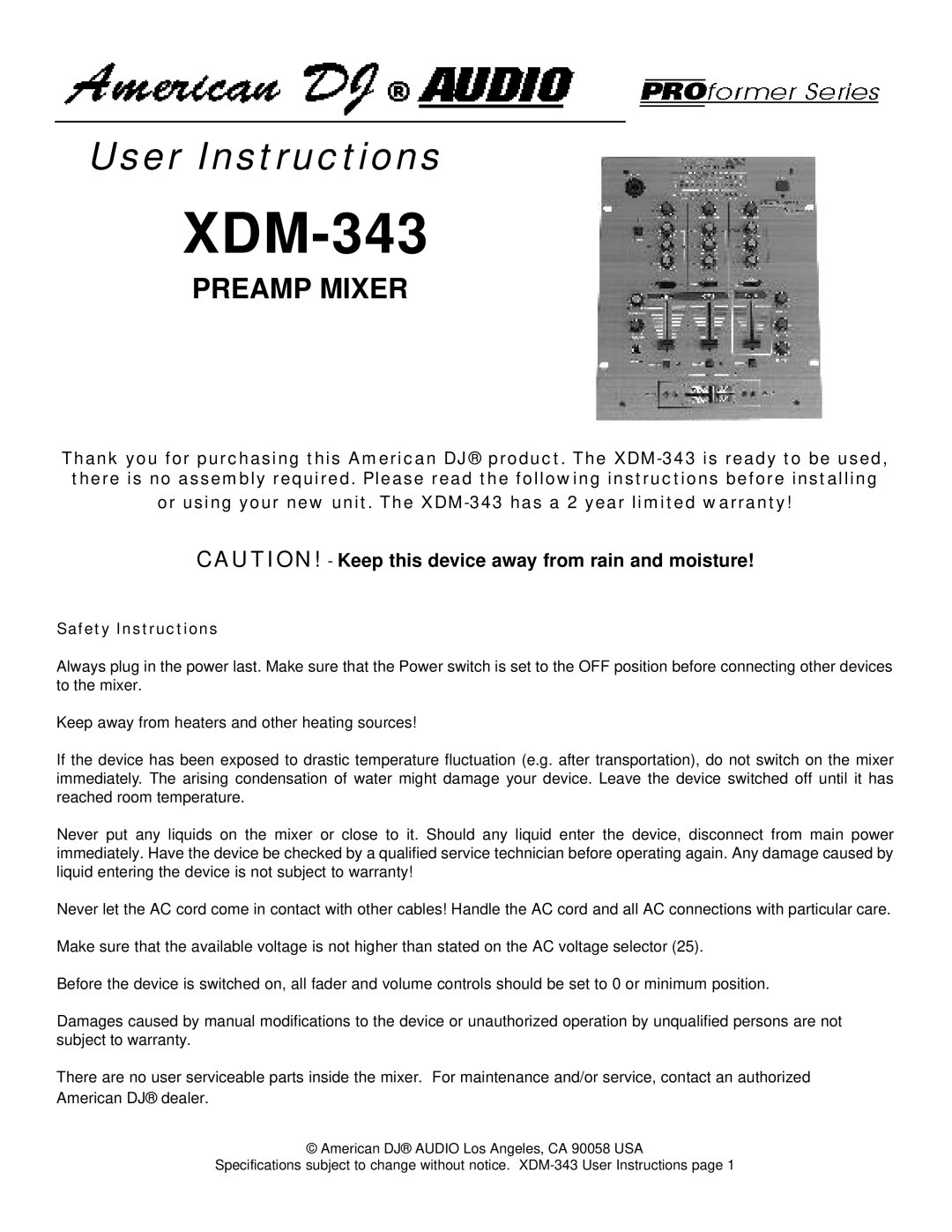 American Audio XDM343 warranty XDM-343, Safety Instructions 