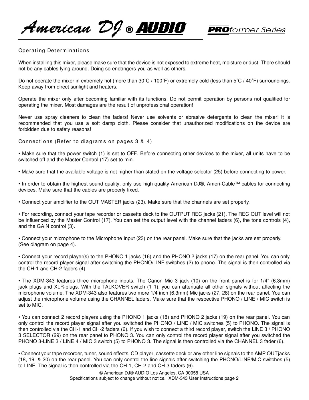 American Audio XDM343 warranty Operating Determinations, Connections Refer to diagrams on pages 3 